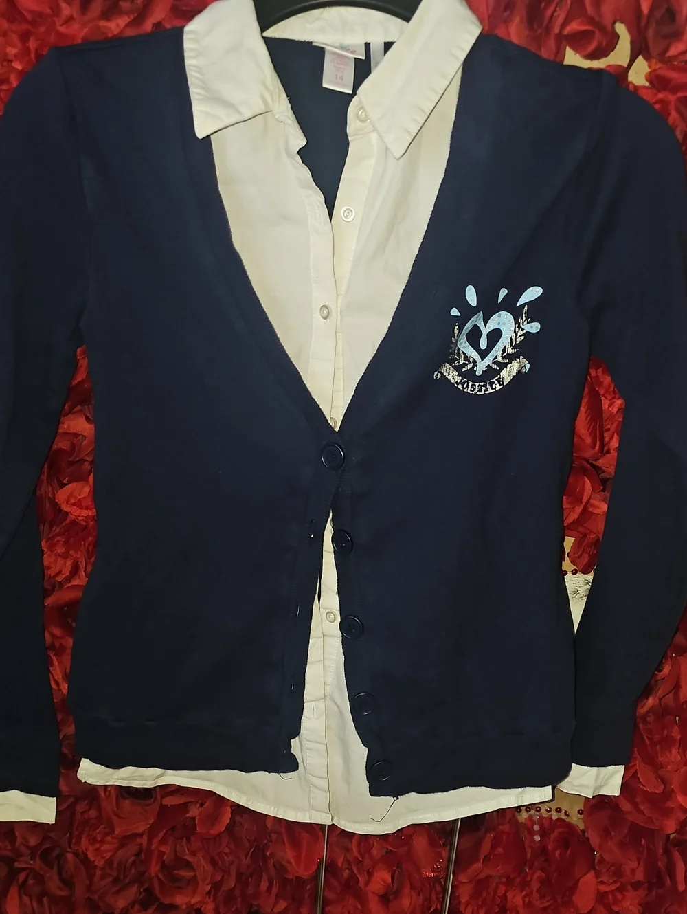 Justice Girls Navy Blue Cardigan w/ Attached Buttin Down Shirt Size 14